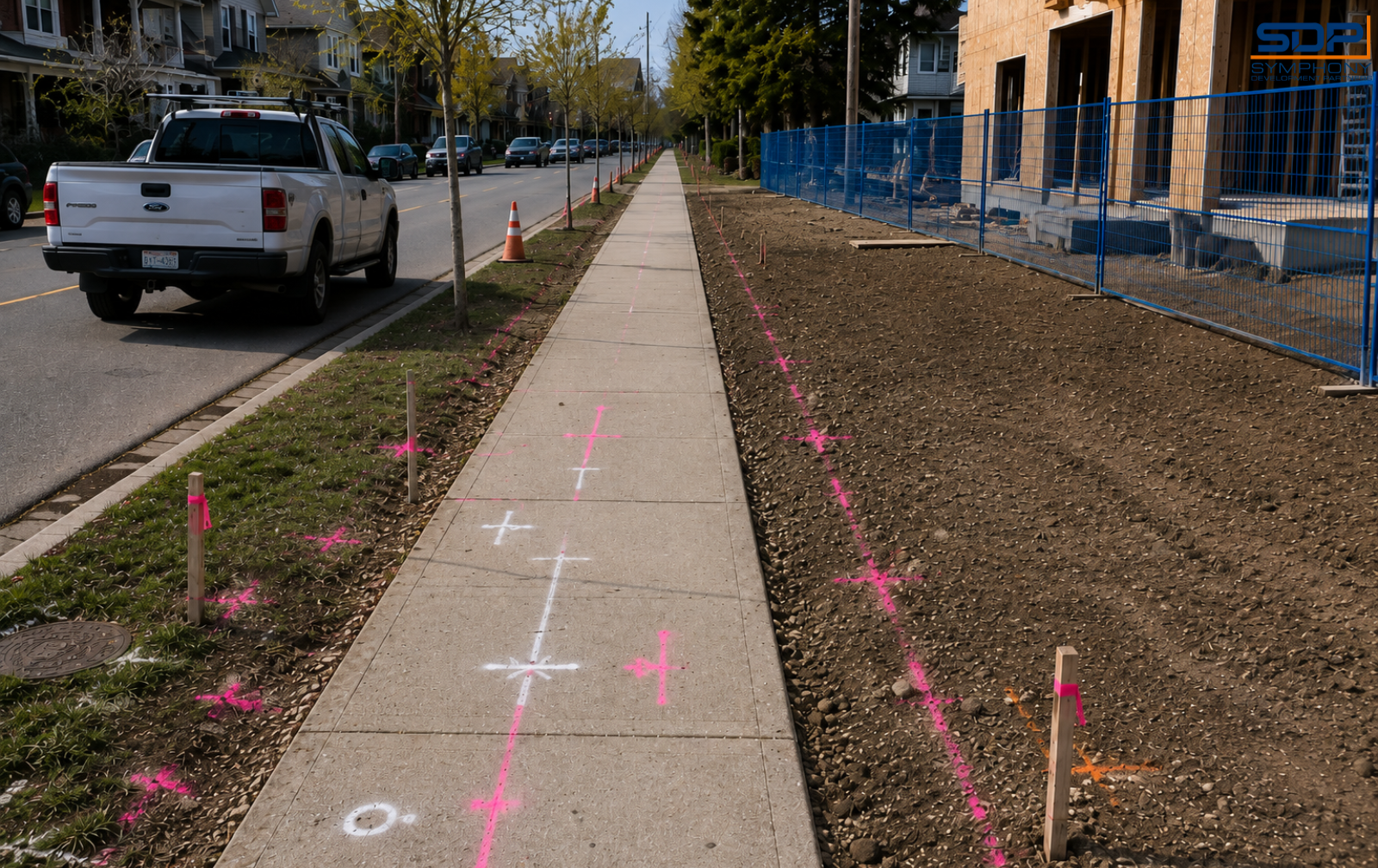 Newly poured city sidewalk with survey markings
