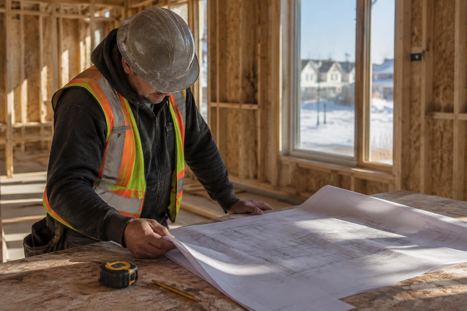 Contractor reviewing residential plans inside a framed home