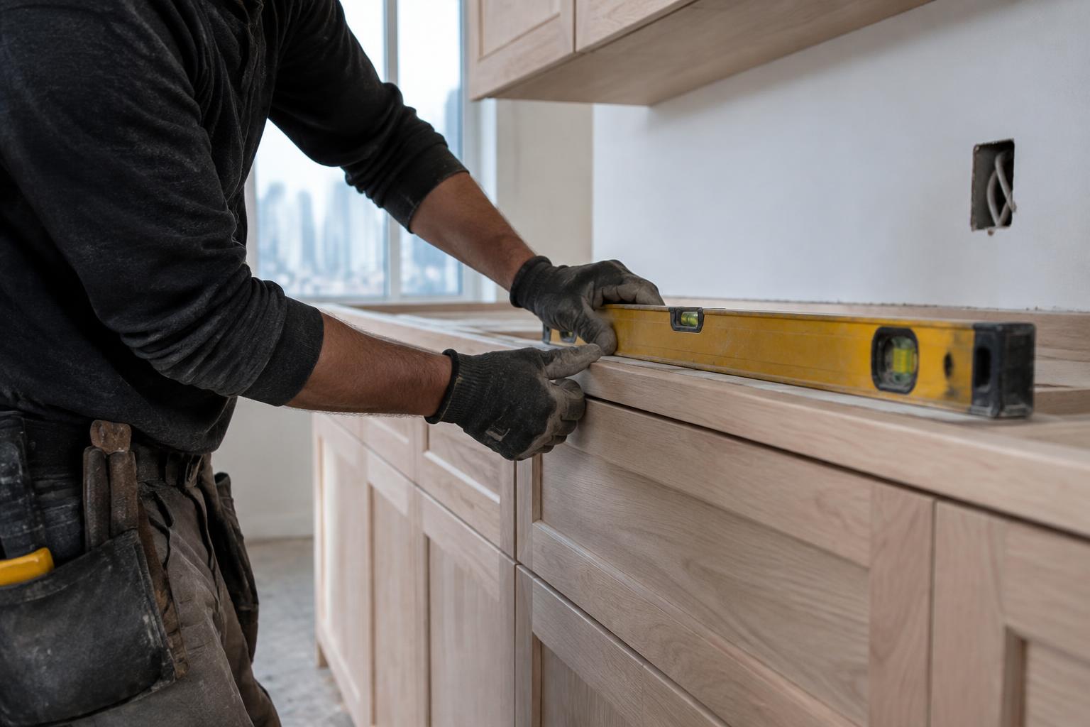 Contractor checking custom cabinetry with a spirit level
