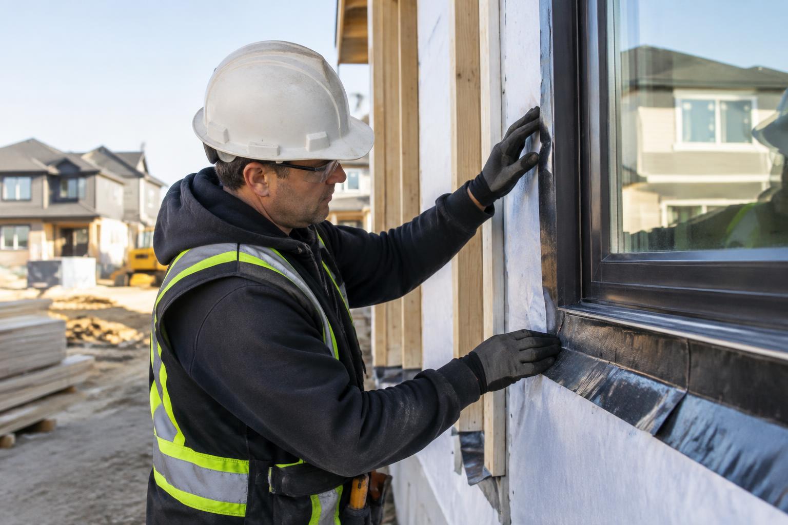 Site superintendent inspecting window flashing on a new home