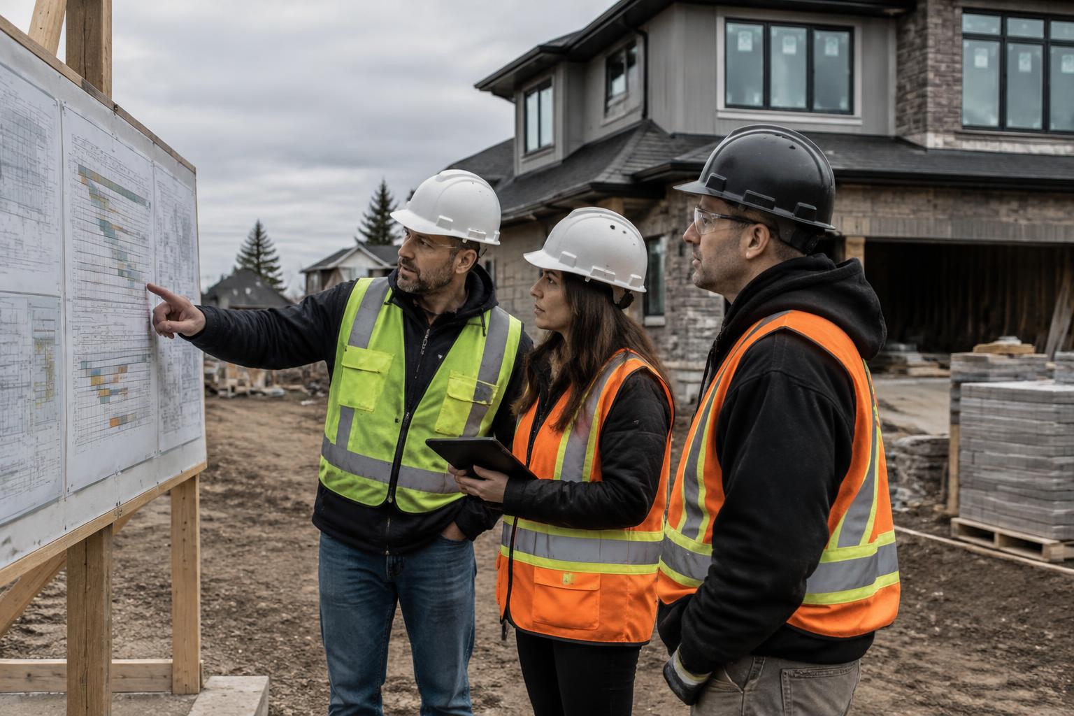 Calgary construction team reviewing a project schedule on site