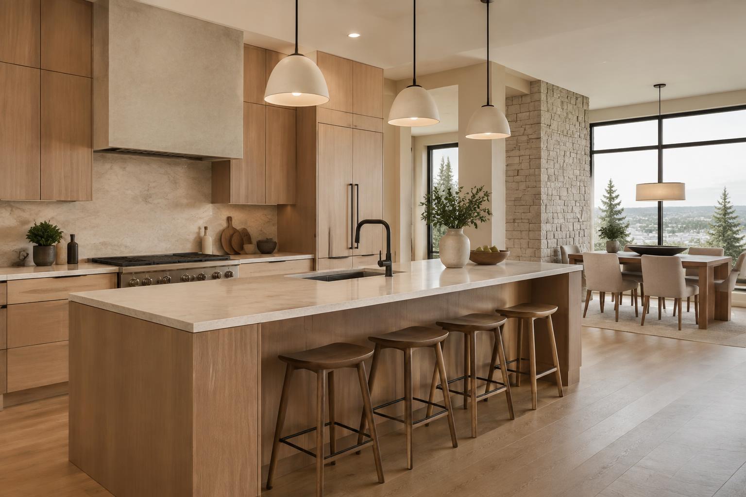 Warm oak kitchen and dining area in a Calgary custom home