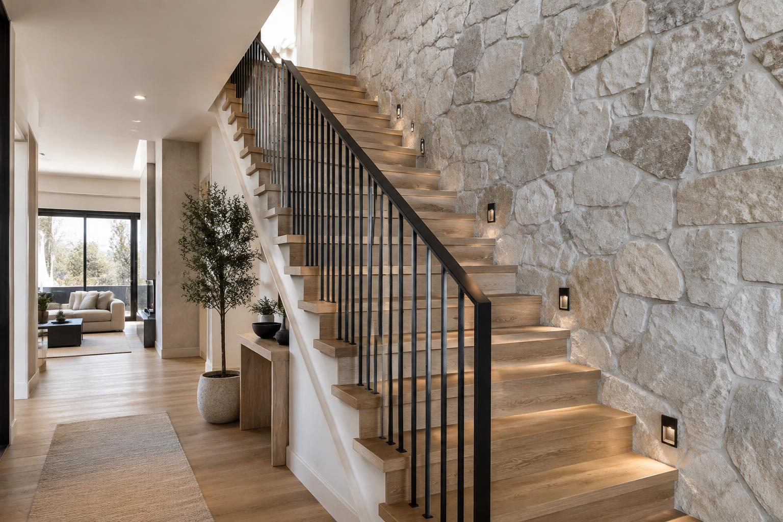 Custom oak staircase with stone feature wall and steel railing