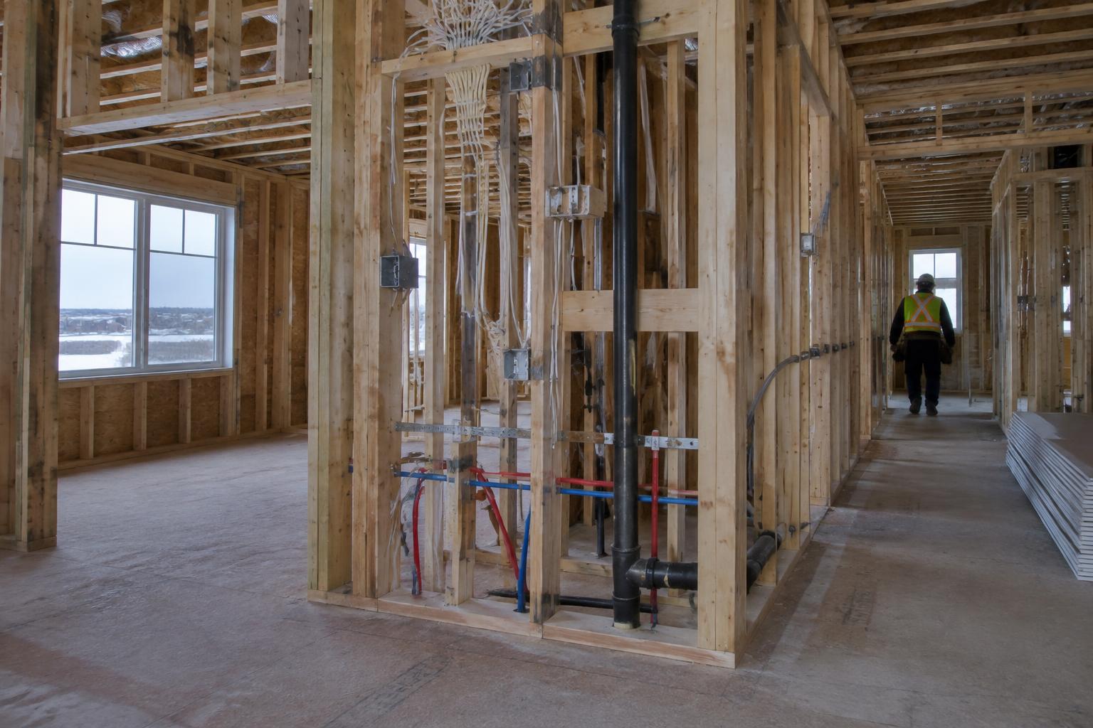 Framing and mechanical rough-ins inside a custom home