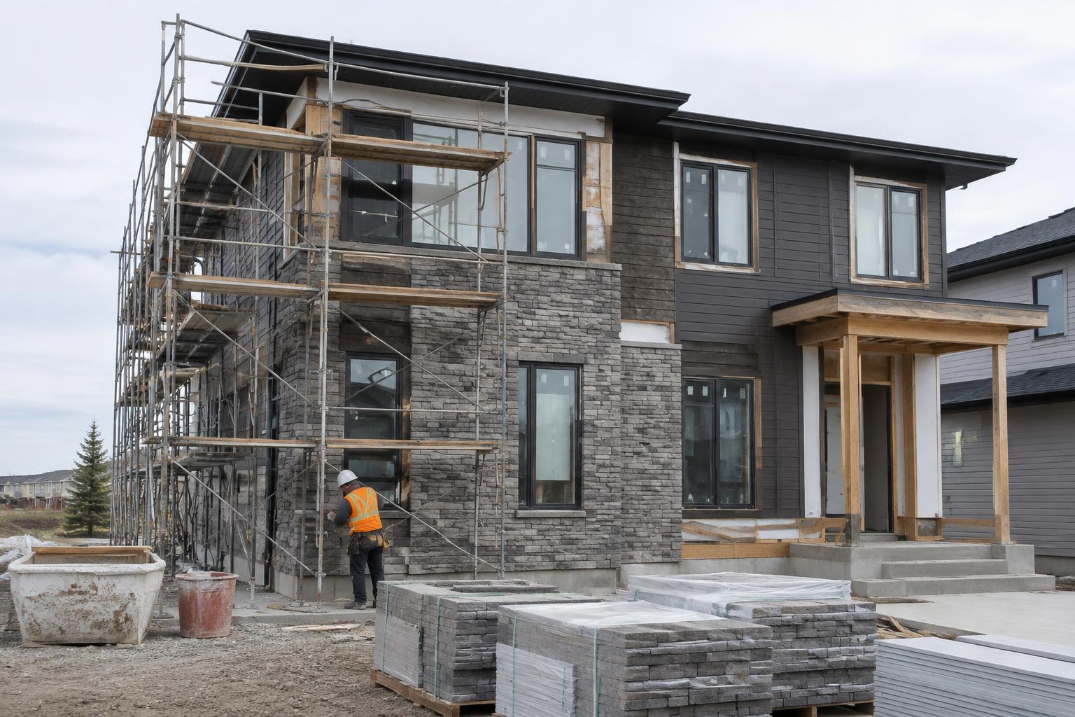 Masonry and cladding installation on a custom Calgary home