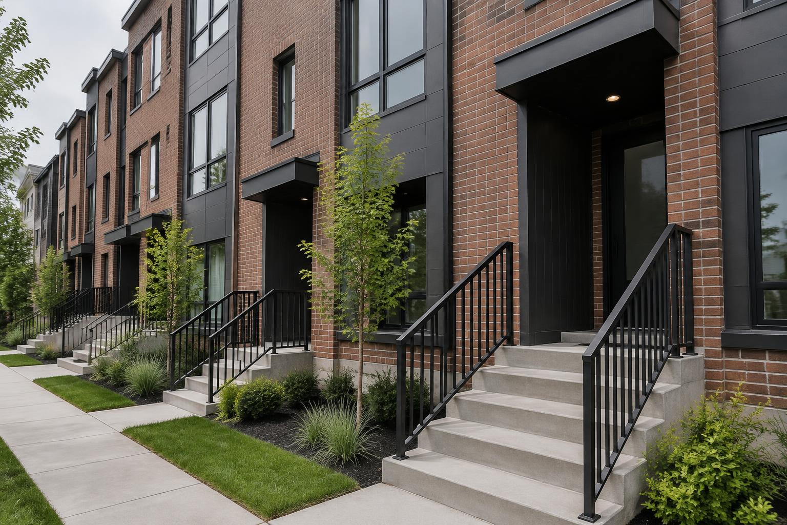 Separate landscaped entrances along a Calgary eightplex