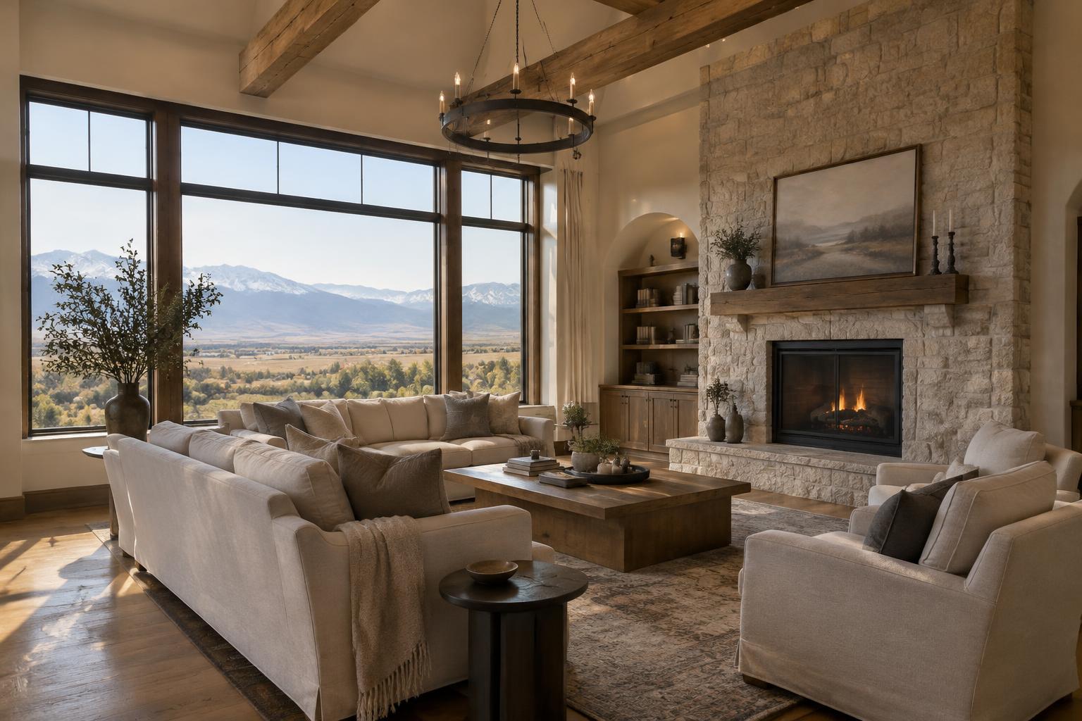 Estate home great room with limestone and timber details