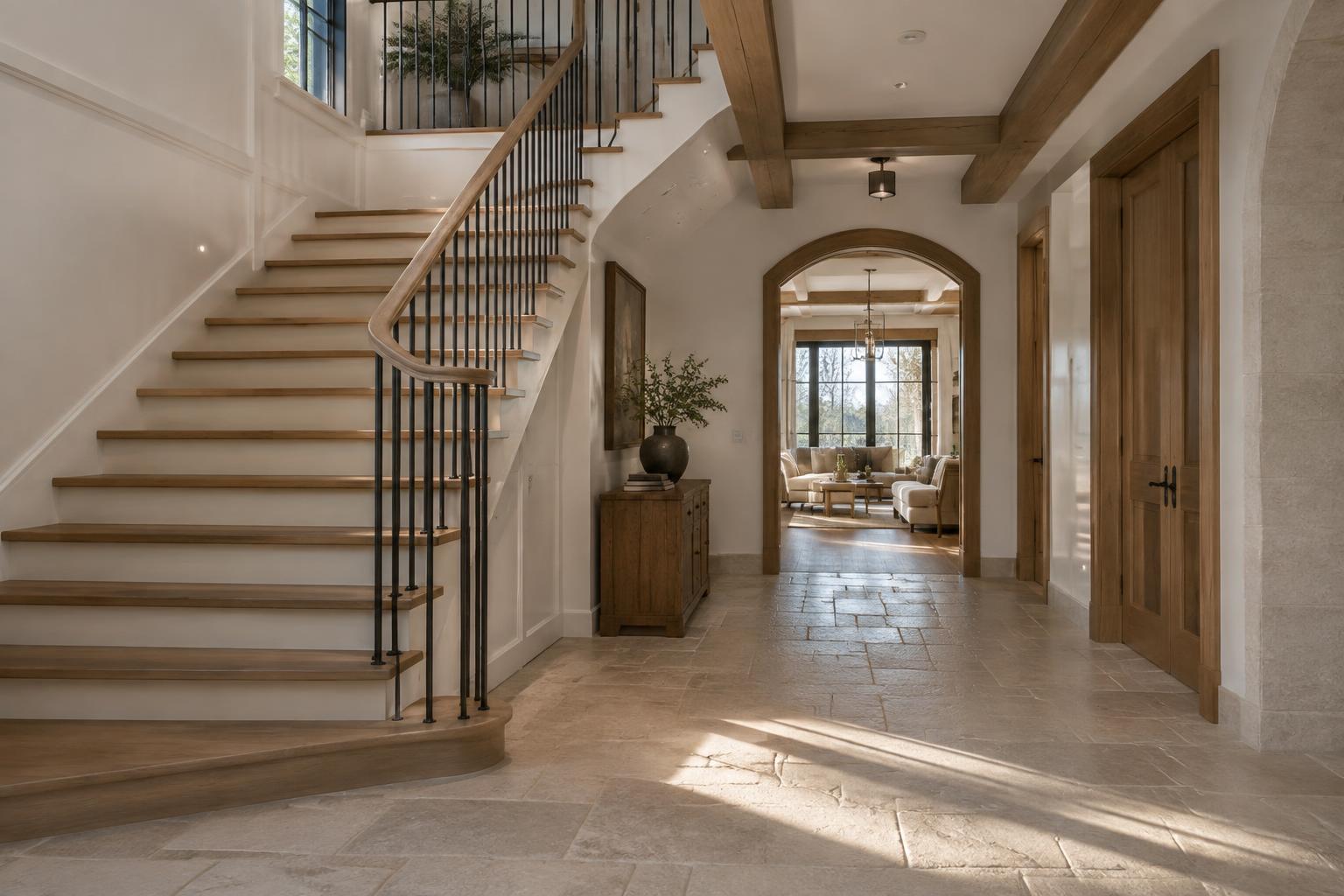 Crafted oak staircase and limestone foyer in an estate home