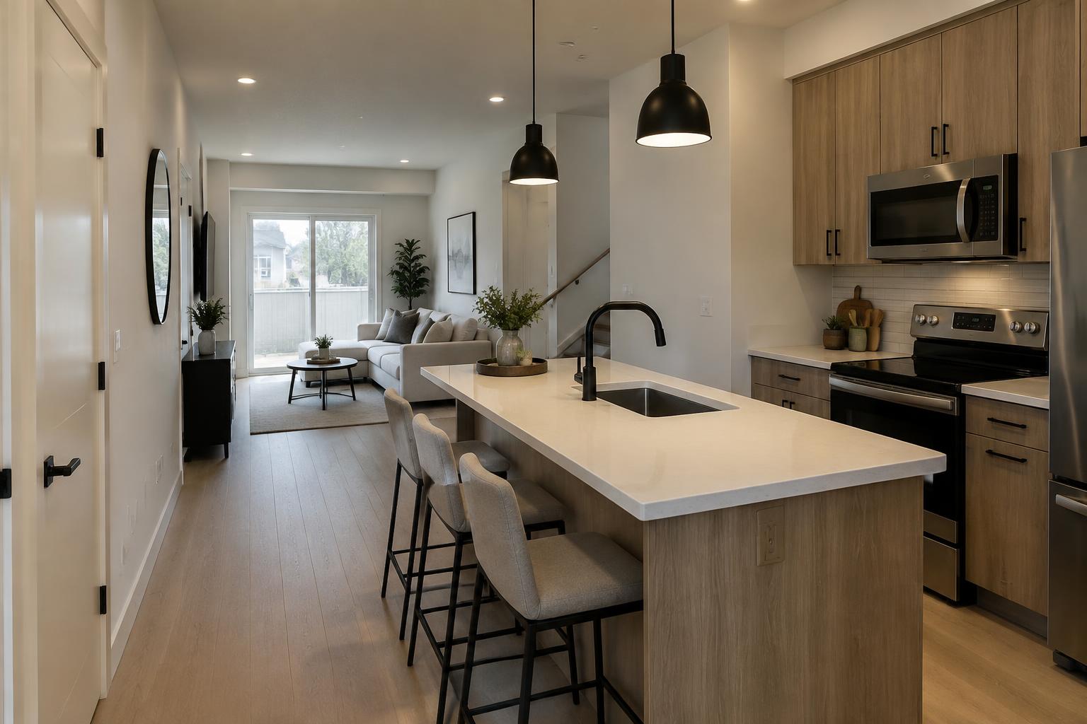 Practical open-plan kitchen and living room in a fourplex unit