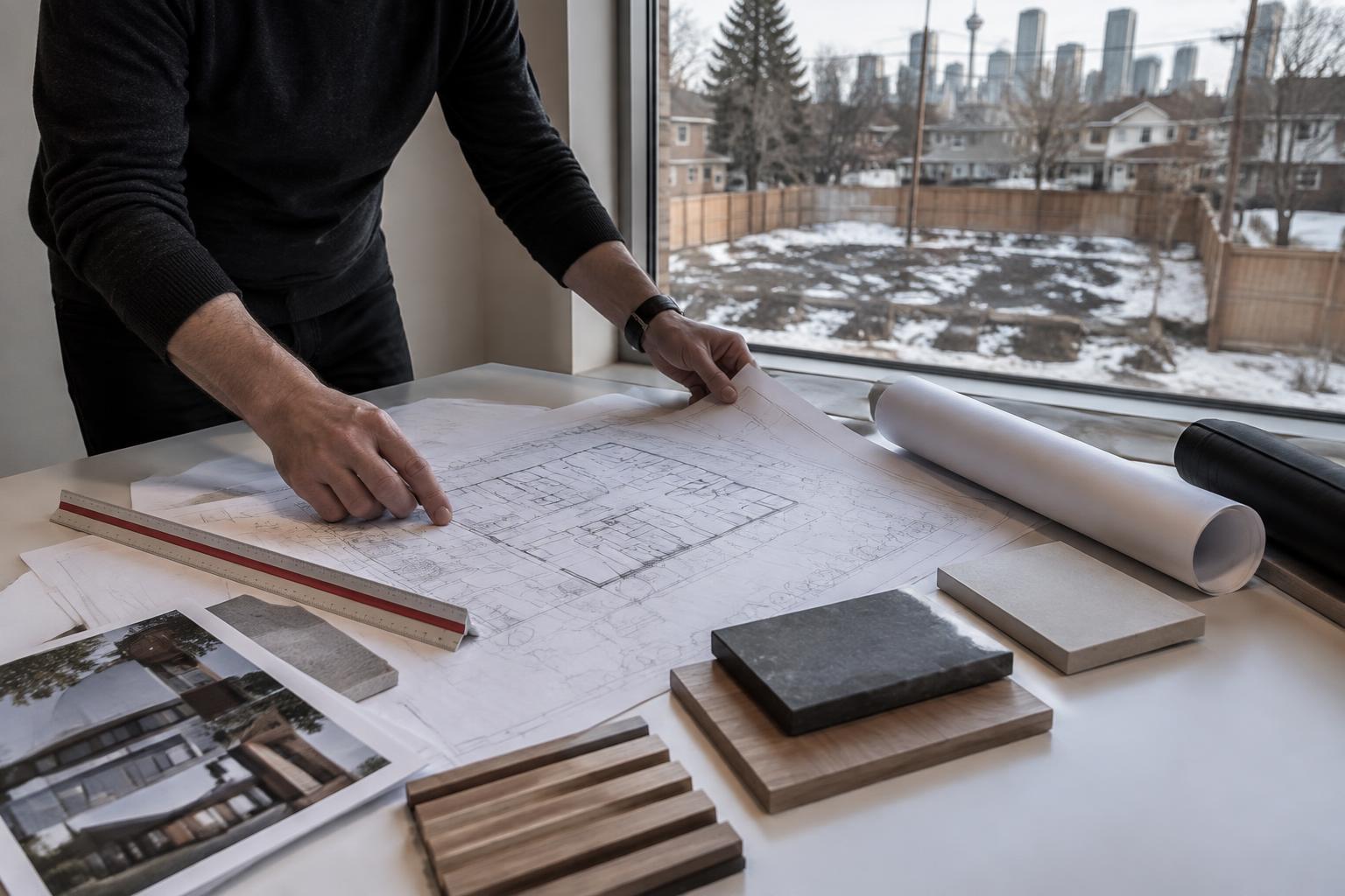 Architect reviewing fourplex plans and material samples