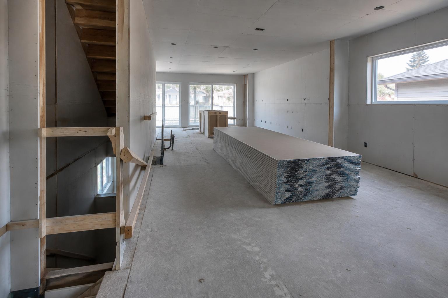 Drywall installation inside a narrow infill home