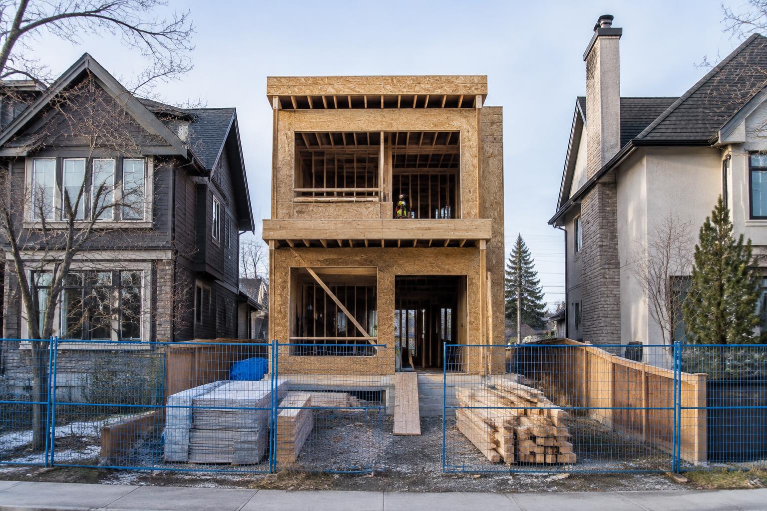 New infill home under construction on a Calgary inner-city street
