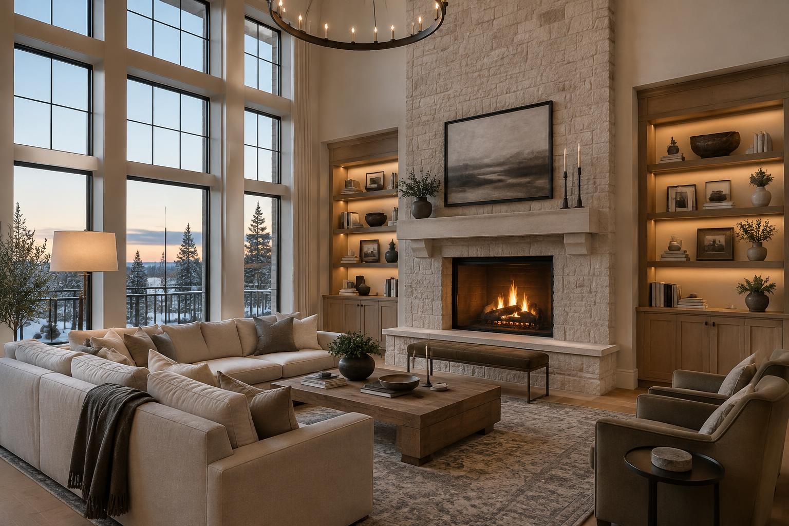 Luxury great room with limestone fireplace and custom millwork