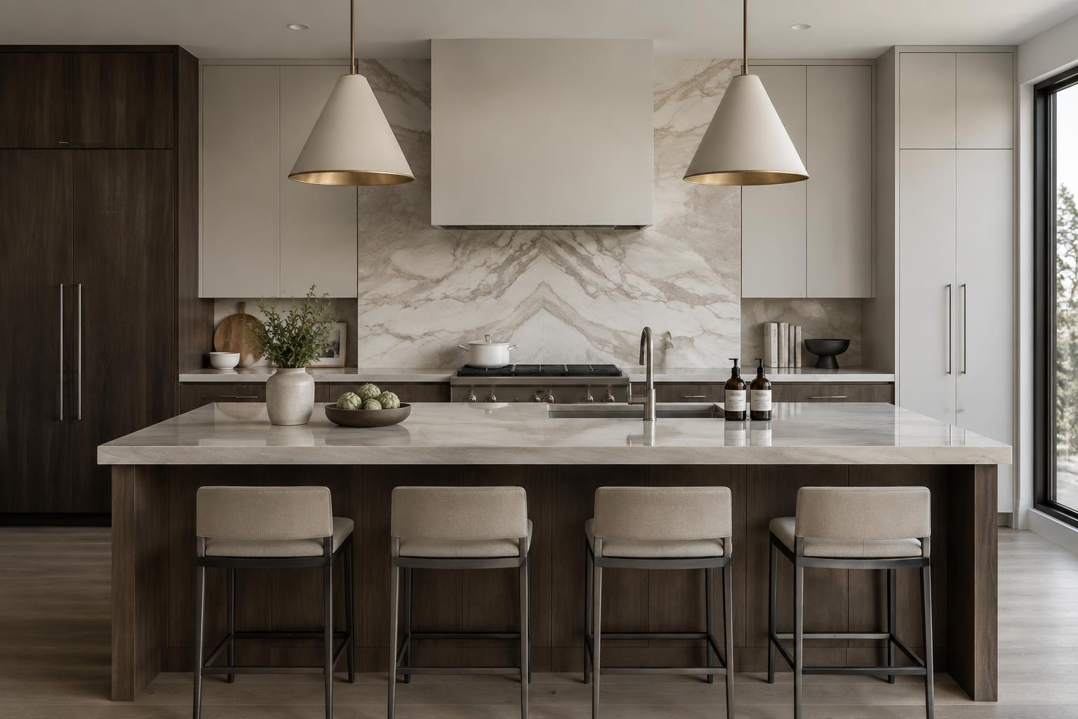 Bespoke Calgary kitchen with natural stone and dark oak cabinetry