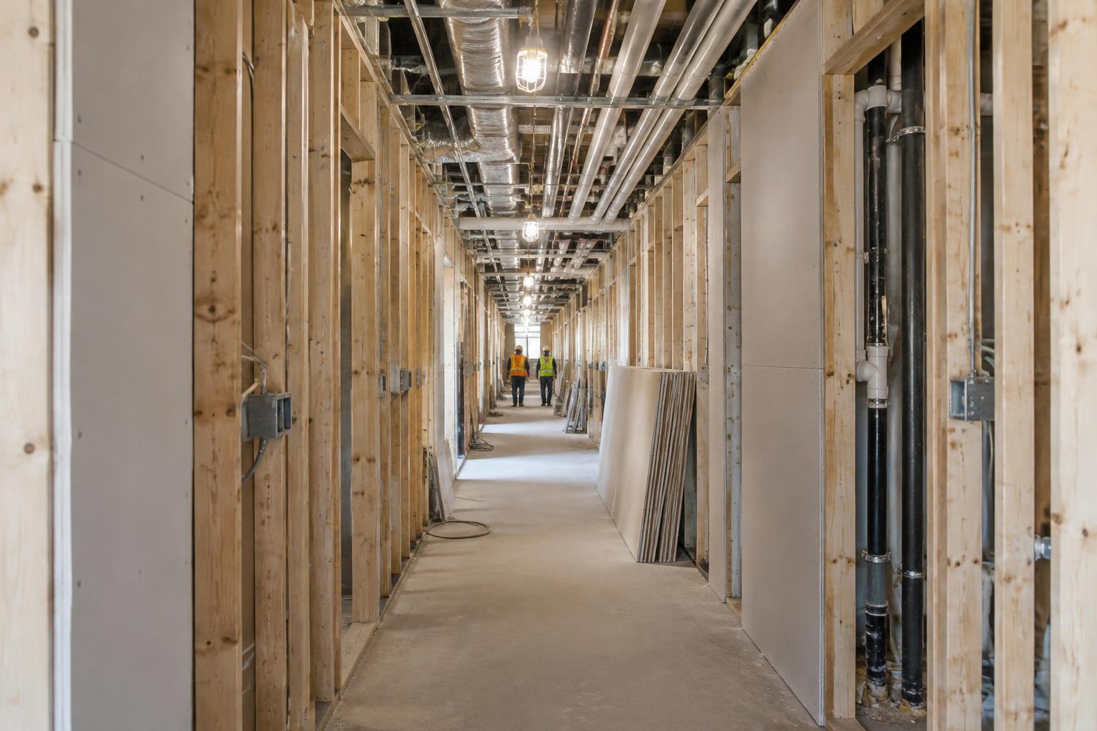Framed corridor and building services during multifamily construction