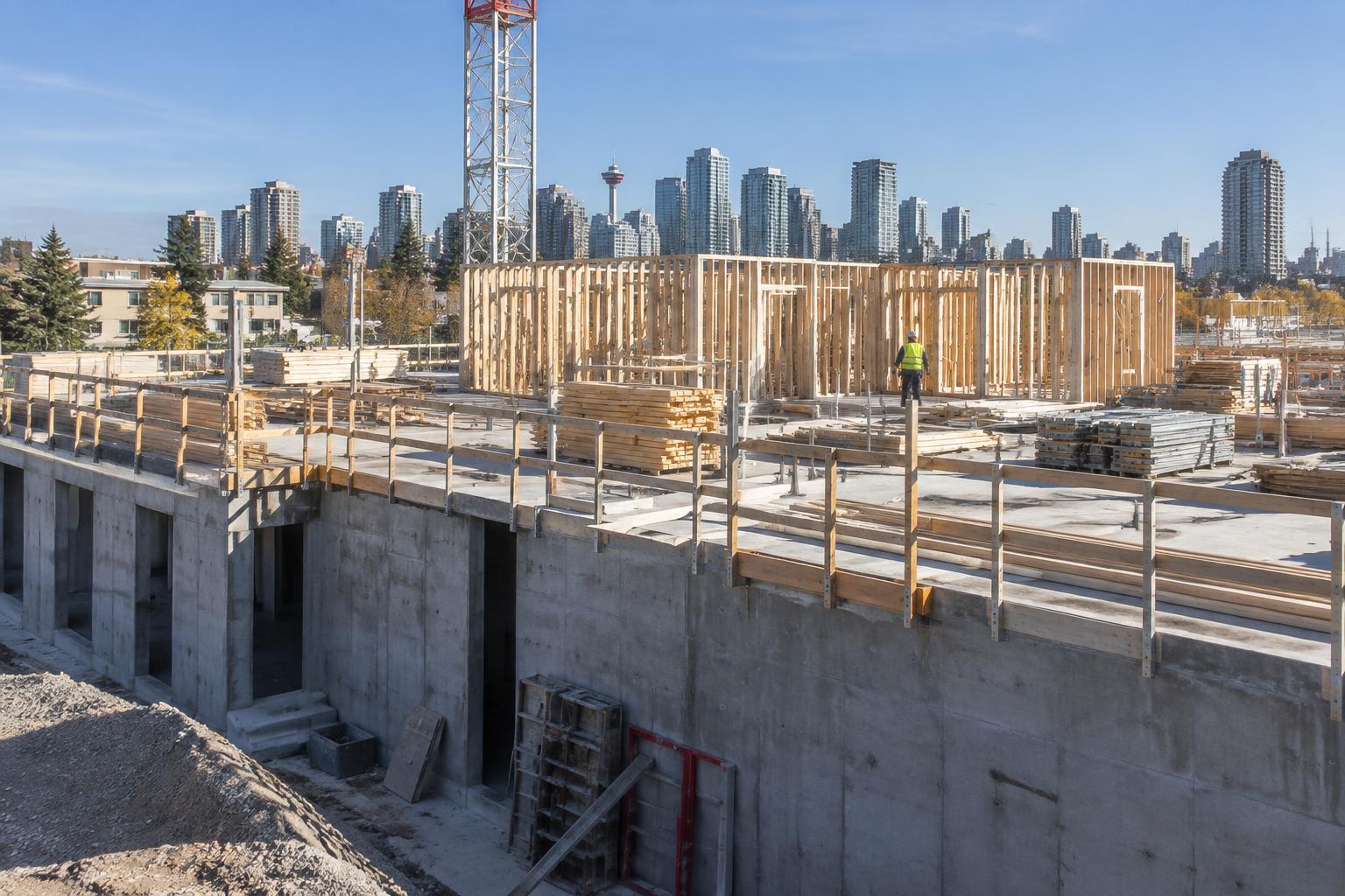 Wood framing above a concrete podium on a Calgary project