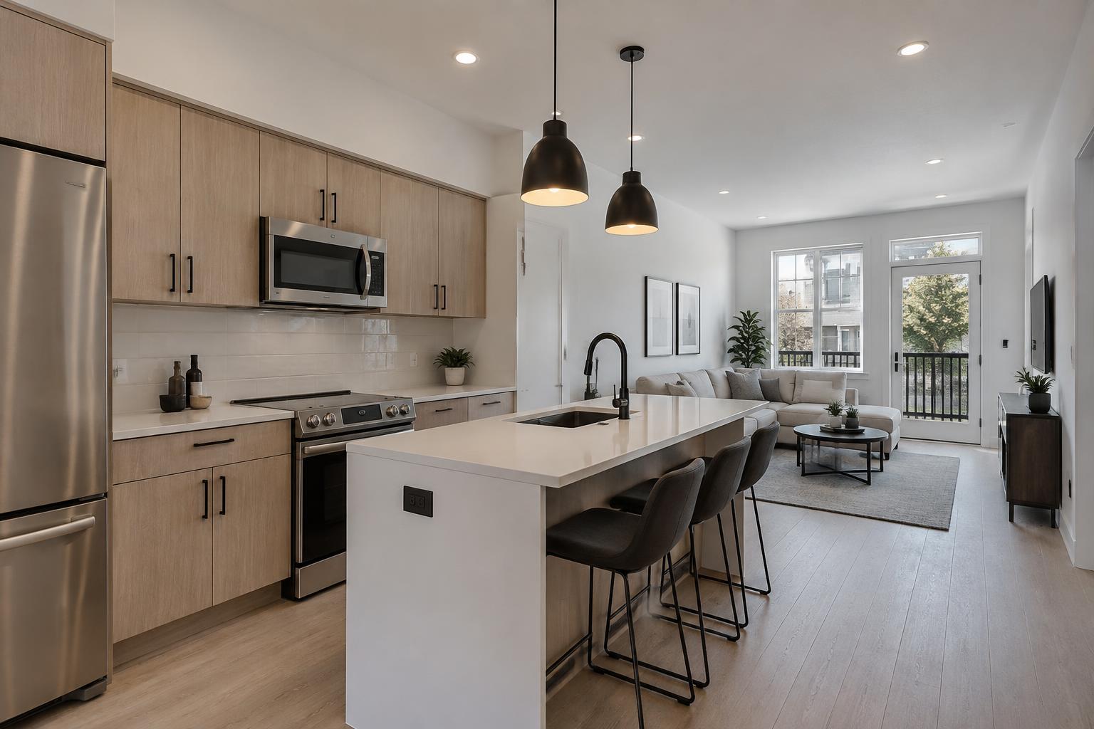 Efficient kitchen and living space in a multiplex unit