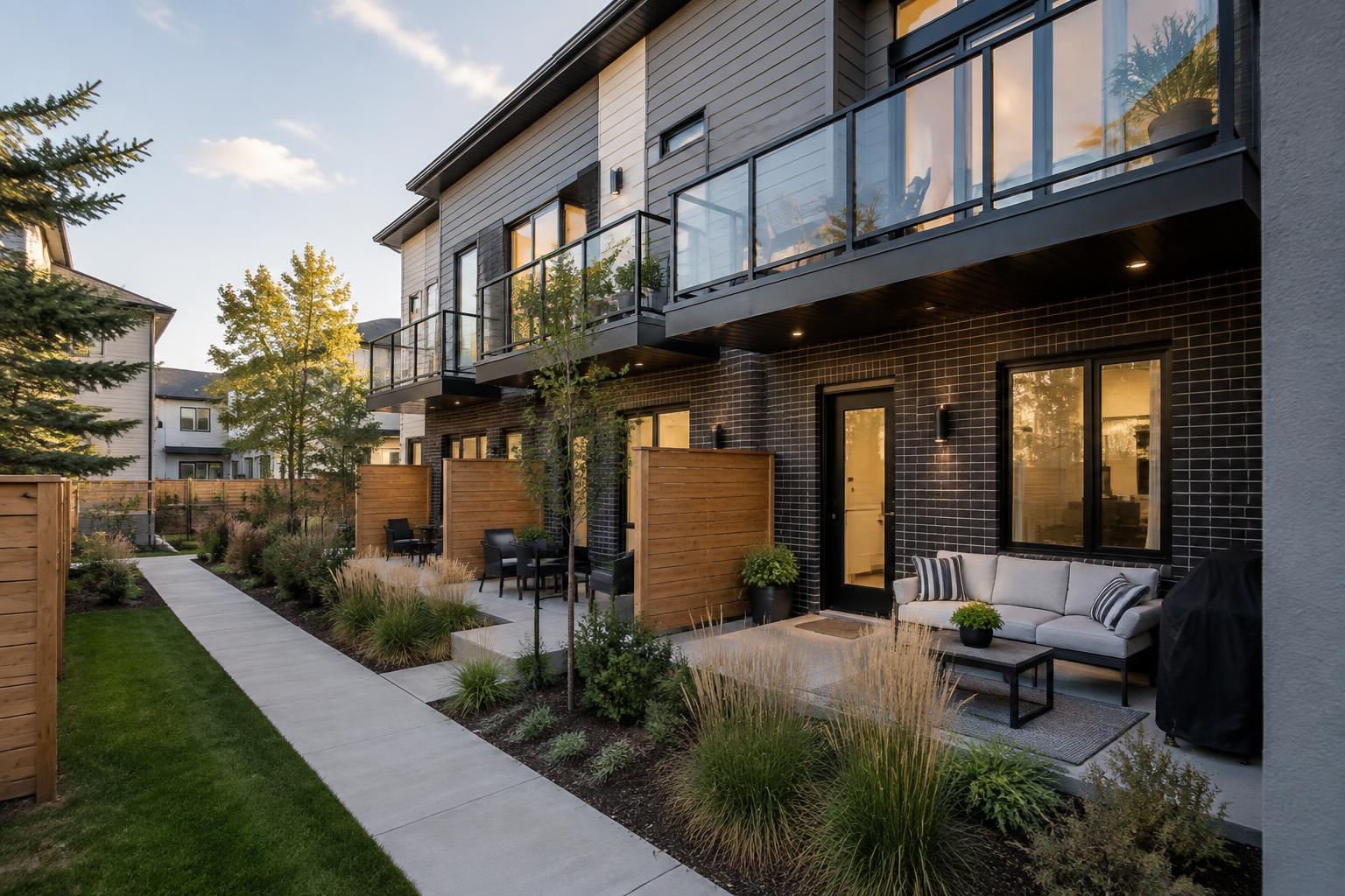 Private patios and balconies on a completed Calgary multiplex