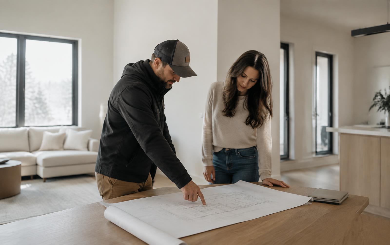 Builder and homeowner reviewing custom home drawings together