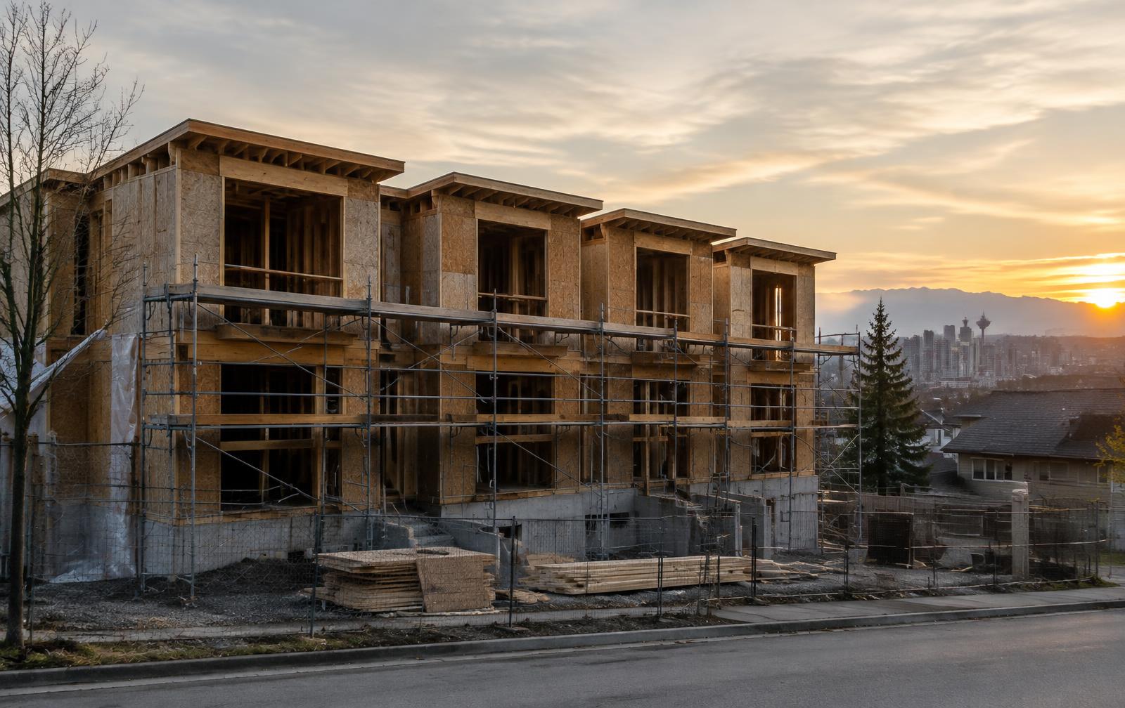 Four-unit residential building under construction at golden hour