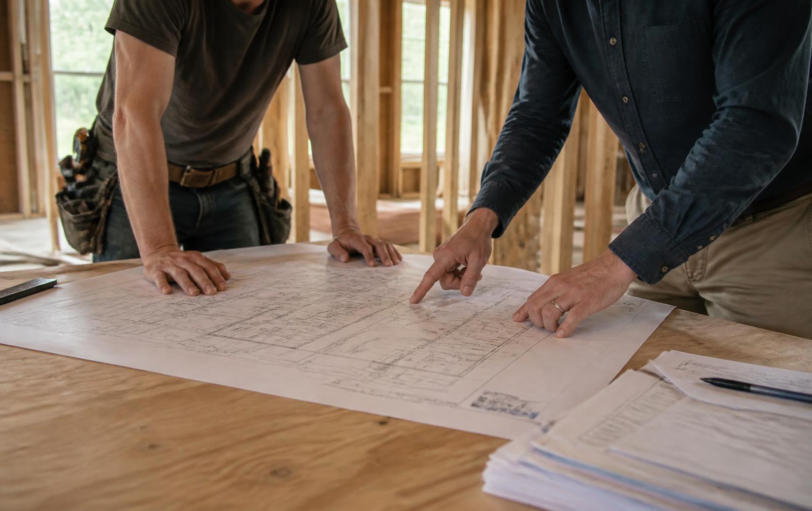 Symphony project manager and consultant reviewing construction drawings on site
